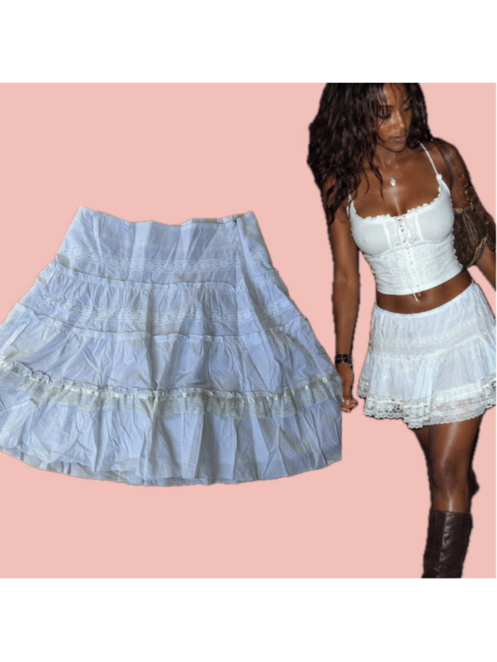 Y2K Deadstock Coquette White Tiered Lace Ribbon Mini Skirt S
